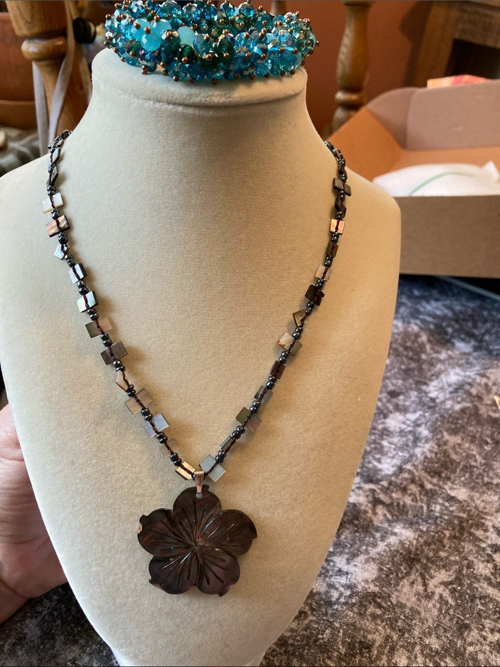 Handcrafted Dark Floral Pendant Necklace & Shimmering Aqua Bracelet